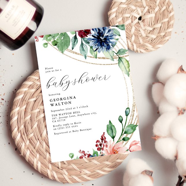 Aquarellblüten, Grünpflanzen und Gold Baby Dusche Einladung (Von Creator hochgeladen)