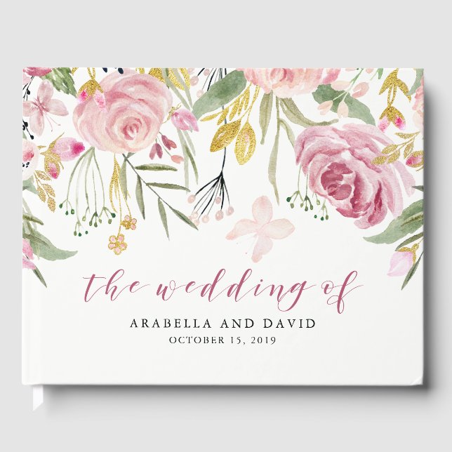 Aquarellblüten | Rosa- und Goldblumenhochzeit Gästebuch (Vorderseite)