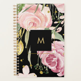 Aquarellblüten Rosa und goldene Flora in Schwar Planer
