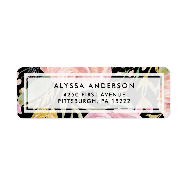 Aquarellblüten | Rosa und goldene Flora in Schwarz (Vorne)