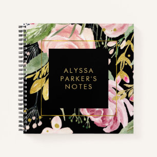 Aquarellblüten   Rosa und goldene Flora in Schwarz Notizbuch