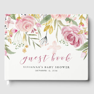 Aquarellblüten   Rosa und goldfarbenes Party Gästebuch