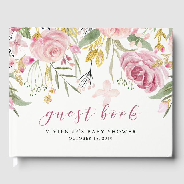 Aquarellblüten | Rosa und goldfarbenes Party Gästebuch (Vorderseite)