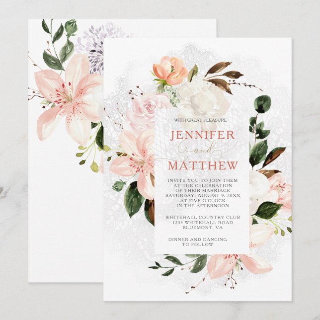 Aquarellblüten, Rose, Peonies, Magnolien Einladung (Vorne/Hinten)