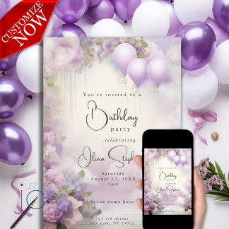 Aquarellblüten und Balloons QR Geburtstag Einladung