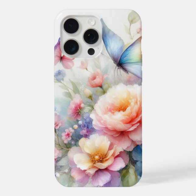 Aquarellblüten und Schmetterlingstanz iPhone 15 Pro Max Hülle (Rückseite)