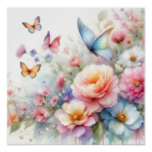 Aquarellblüten und Schmetterlingstanz Poster