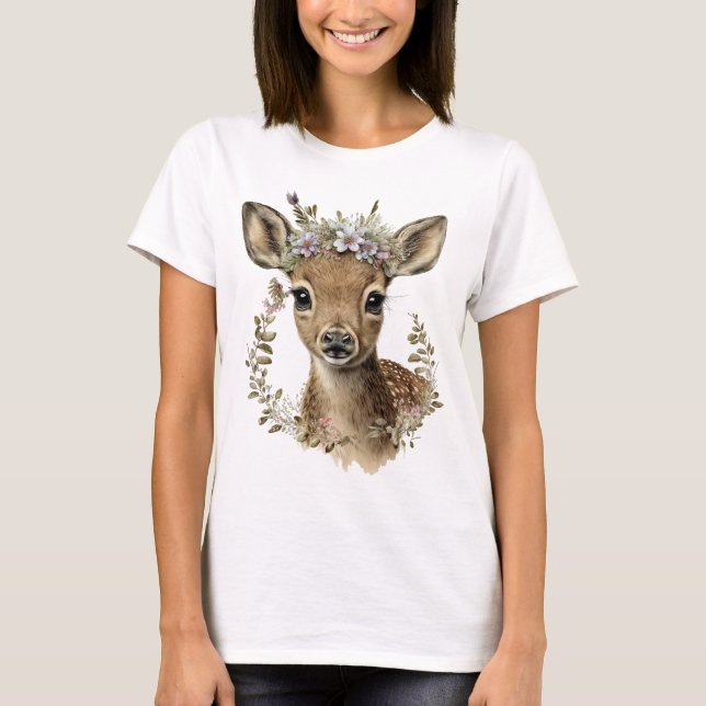 Aquarellblütenbaby Hirsche Niedlich T-Shirt (Vorderseite)