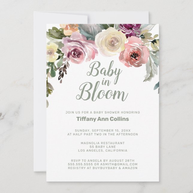 Aquarellblütenbaby in Bloom Baby Dusche Einladung (Vorderseite)