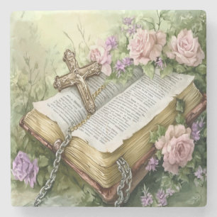 Aquarellblütenbibel und Kreuz Steinuntersetzer