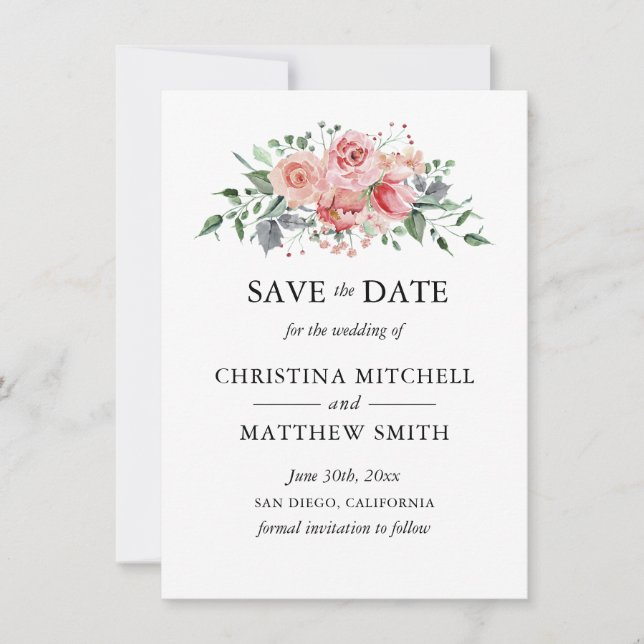 Aquarellblütenblau Rosa Kraut Save the Date (Vorderseite)