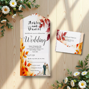 Aquarellblütenbräune und Groom-Hochzeit im Herbst All In One Einladung