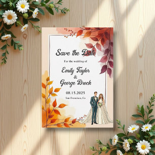 Aquarellblütenbräune und Groom-Hochzeit im Herbst Save The Date