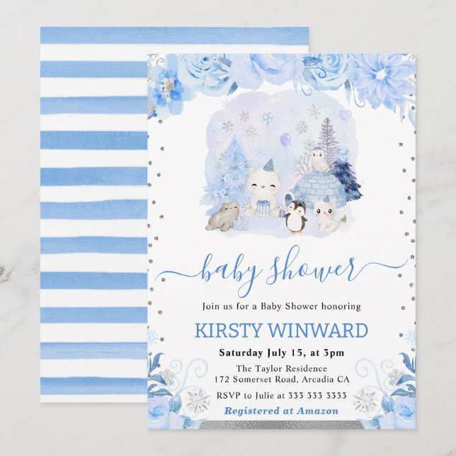 Aquarellblütendusche für Arktis Baby Einladung (Vorne/Hinten)