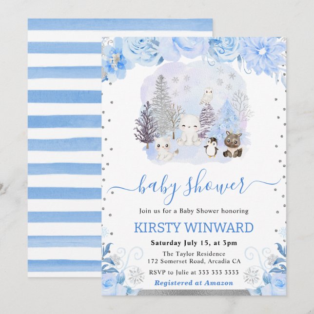 Aquarellblütendusche für Arktis Baby Einladung (Vorne/Hinten)