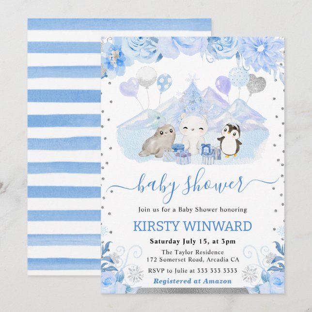 Aquarellblütendusche für Arktis Baby Einladung (Vorne/Hinten)