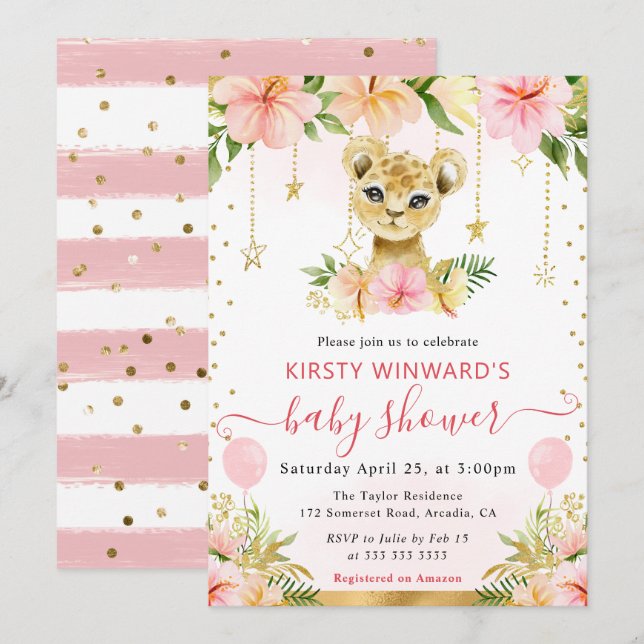 Aquarellblütendusche Lion Cub Babydusche Einladung (Vorne/Hinten)