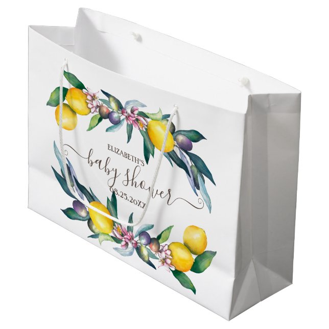 Aquarellblütendusche Olive Baby Große Geschenktüte (Vorderseite Schrägansicht)