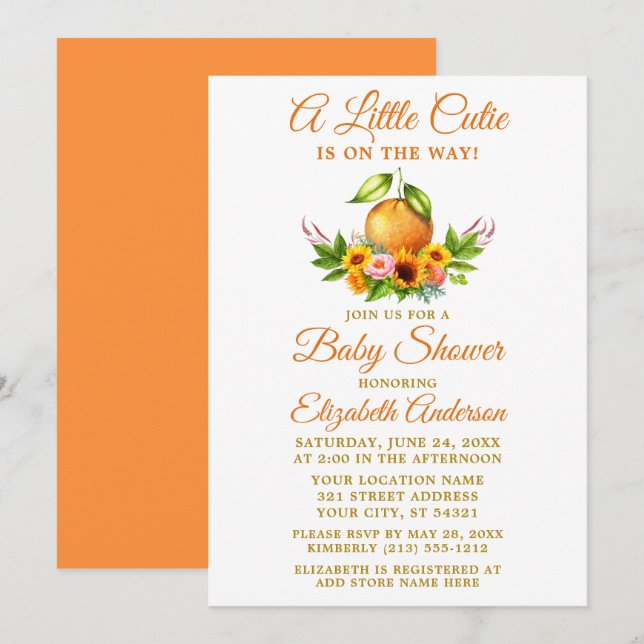Aquarellblütendusche Orange kleine Süsse Einladung (Vorne/Hinten)