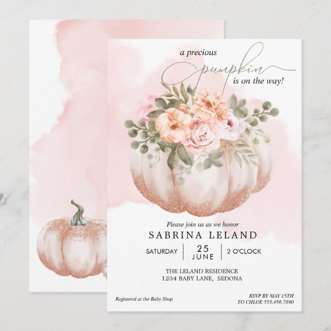 Aquarellblütendusche Peach Pumpkin Baby Dusche Einladung (Vorne/Hinten)