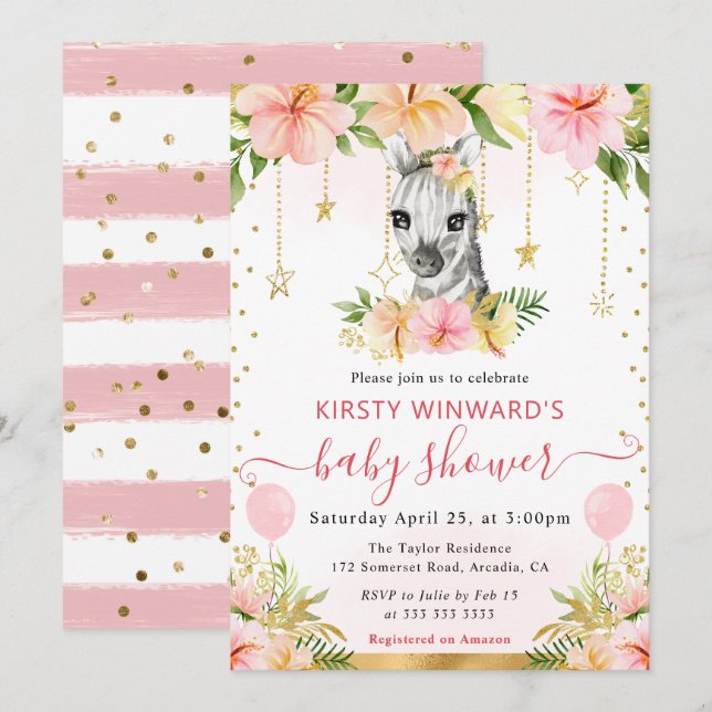 Aquarellblütendusche Zebra Babydusche Einladung (Vorne/Hinten)