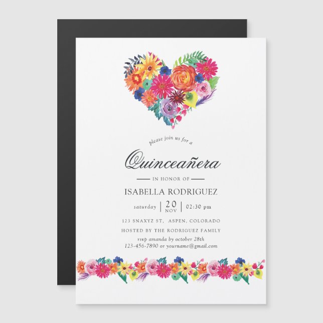 Aquarellblütenfiesta Quinceñera Magneteinladung (Vorne/Hinten)