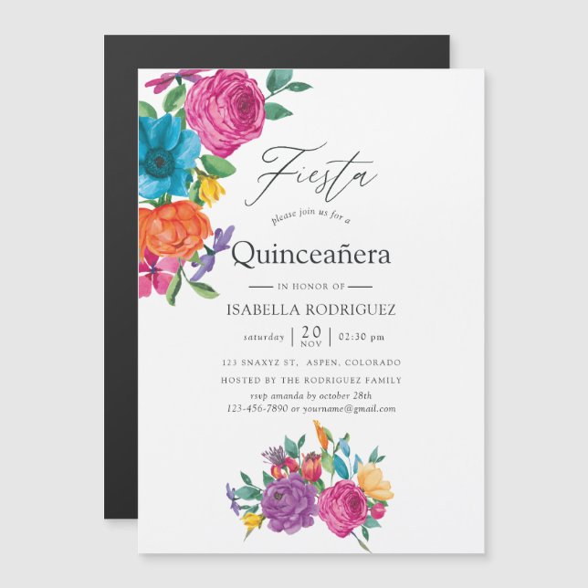 Aquarellblütenfiesta Quinceñera Magneteinladung (Vorne/Hinten)