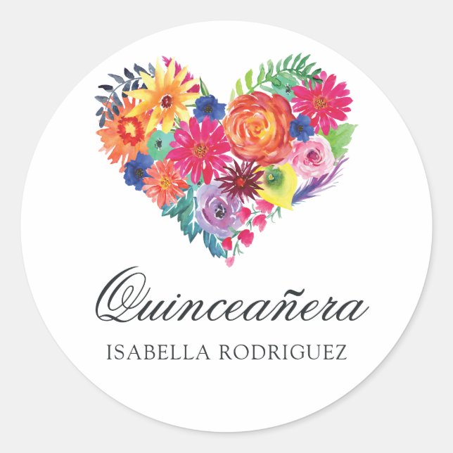 Aquarellblütenfiesta Quinceñera Runder Aufkleber (Vorderseite)