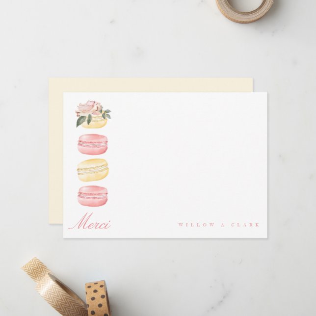 Aquarellblütengelber Macaron Merci/Vielen Dank Mitteilungskarte (Vorderseite/Rückseite Beispiel)