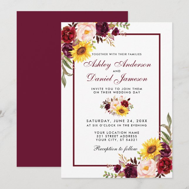Aquarellblütenhochzeit Burgund Einladung (Vorne/Hinten)