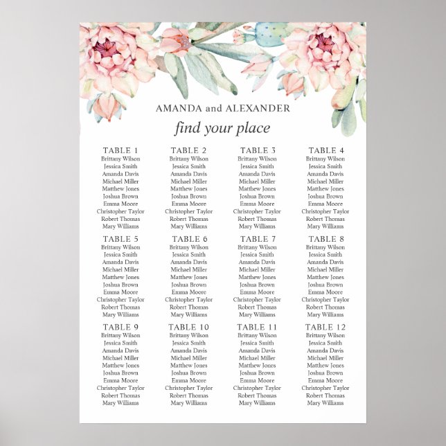 Aquarellblütenkaktus. Hochzeitstabelle Poster (Vorne)