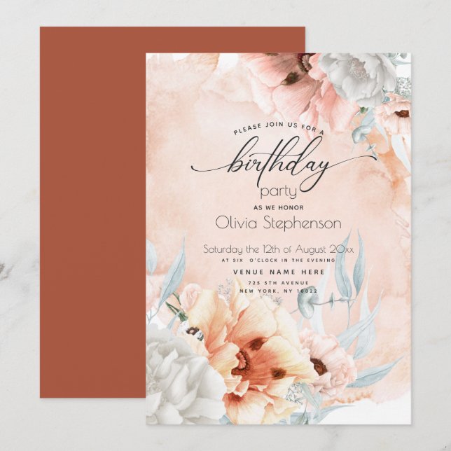 Aquarellblütenmohn Birthday Einladung (Vorne/Hinten)