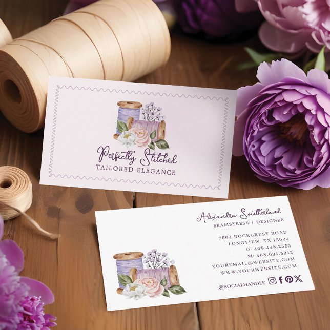 Aquarellblütennähen Holzschwellen Schneider Visitenkarte (Watercolor Floral Sewing Wooden Spools Tailor Business Card)