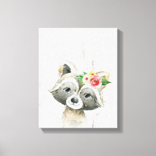 Aquarellblütenschwanz Raccoon Woodland Tiere Leinwanddruck (Vorderseite)