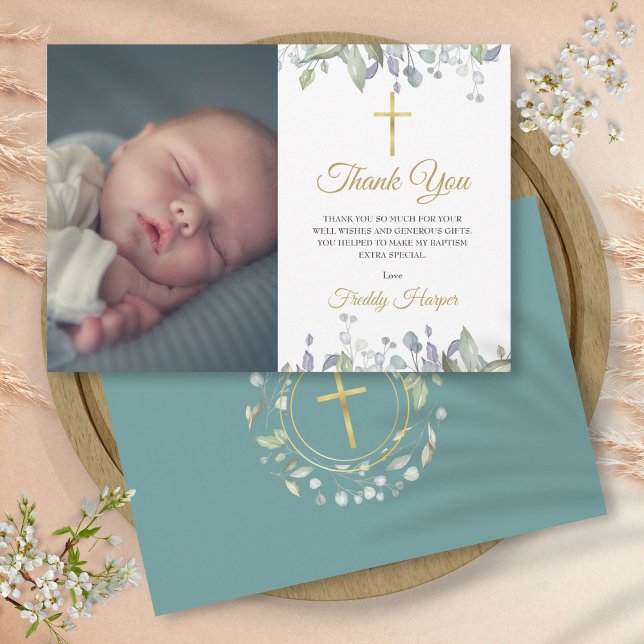 Aquarellblütentaufe, Christening-Foto Dankeskarte (Watercolor Floral Baptism, Christening Photo Thank You Card)