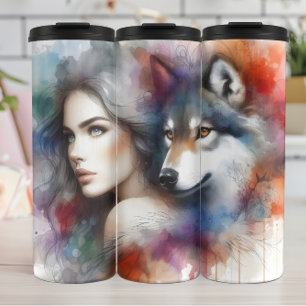 Aquarellbond: Frau und Wolf Thermosbecher