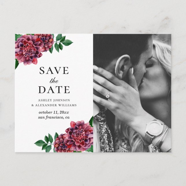 Aquarellbordeauxfarbene Blume. Maroon Save the Dat Postkarte (Vorderseite)