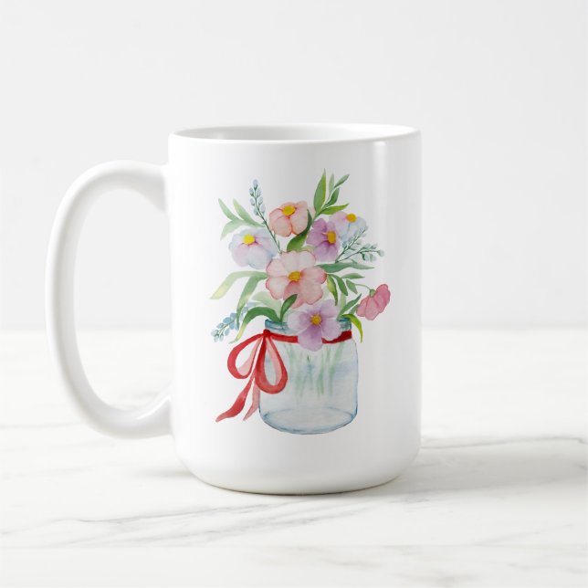Aquarellbouquet aus Blume in einer Vase mit Rippe Kaffeetasse (Links)