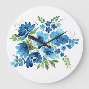Aquarellbouquet, hellblau zarte Blume. Große Wanduhr