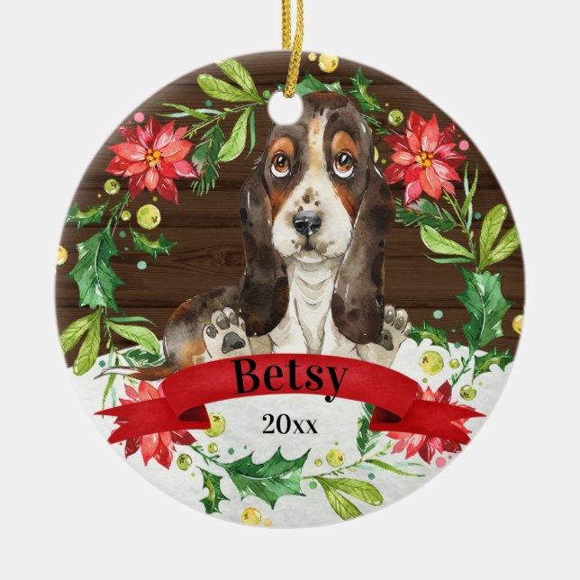 Aquarellbraun Basset Hound Niedlicher Hund Weihnac Keramik Ornament (Vorne)