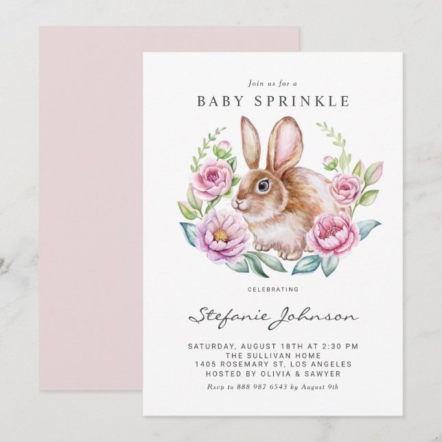 Aquarellbraun Bunny and Pink Blume Baby Sprinkle Einladung (Vorne/Hinten)