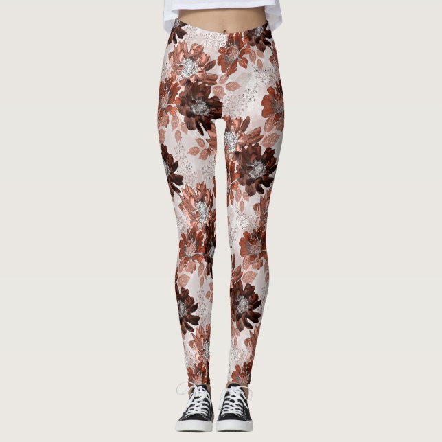 Aquarellbraun graues Blumenmuster. Leggings (Vorderseite)
