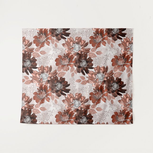 Aquarellbraun graues Blumenmuster. Wandteppich (Vorderseite (Horizontal))