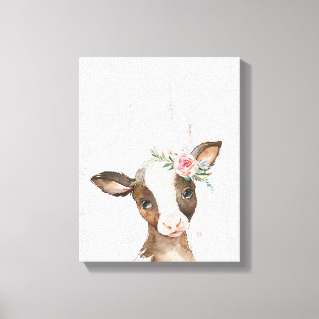 Aquarellbraun-Kuh, Baby Animals Art Leinwanddruck (Vorderseite)