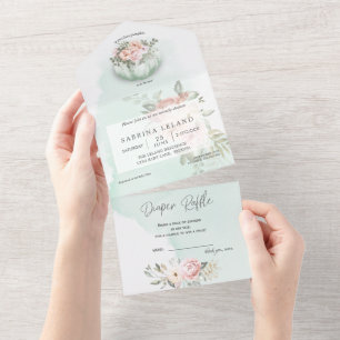 Aquarellbrunnenfeder Mint Pumpkin Baby Dusche All In One Einladung
