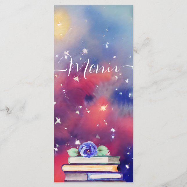 Aquarellbücher Lila & pink Whimsical Wedding Menükarte (Vorderseite)