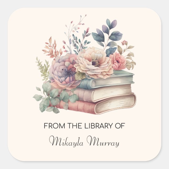 Aquarellbücher und Blume Personalisierte Buchzeich Quadratischer Aufkleber (Vorderseite)