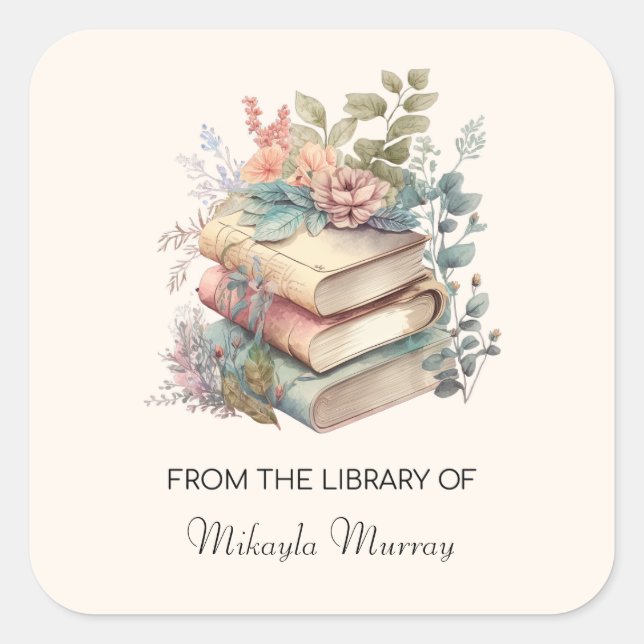 Aquarellbücher und Blume Personalisierte Buchzeich Quadratischer Aufkleber (Vorderseite)