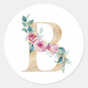 Aquarellbuchstabe B mit Rosen  Runder Aufkleber