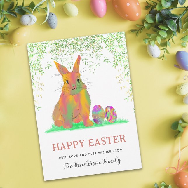 Aquarellbunny und Eier Frohes Ostern (Personalized happy easter cute bunny colorful watercolor easter eggs holiday greetings card)